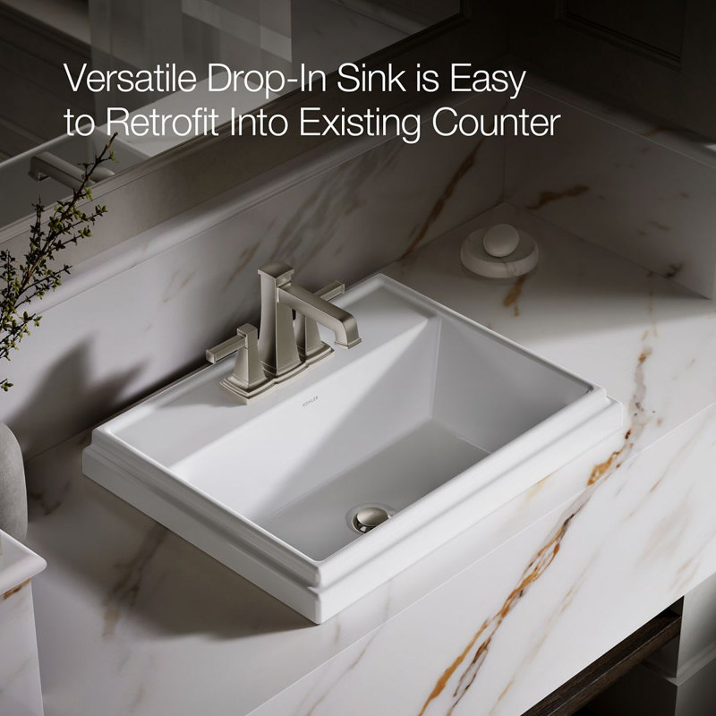 Tresham® Ceramic Rectangular Drop-In Bathroom Sink with Overflow, White, 4'' Centerset