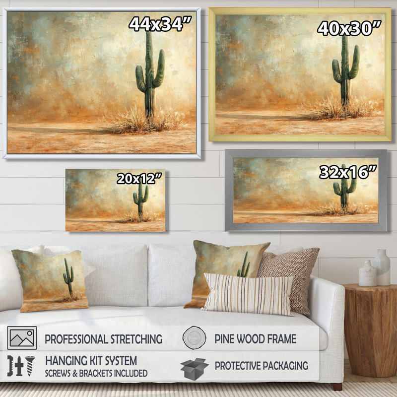 Minimalisme, cactus dans le désert, vent II - cactus, décoration murale, H 28 po x l 60 po, Cadre flottant, Crème, crème