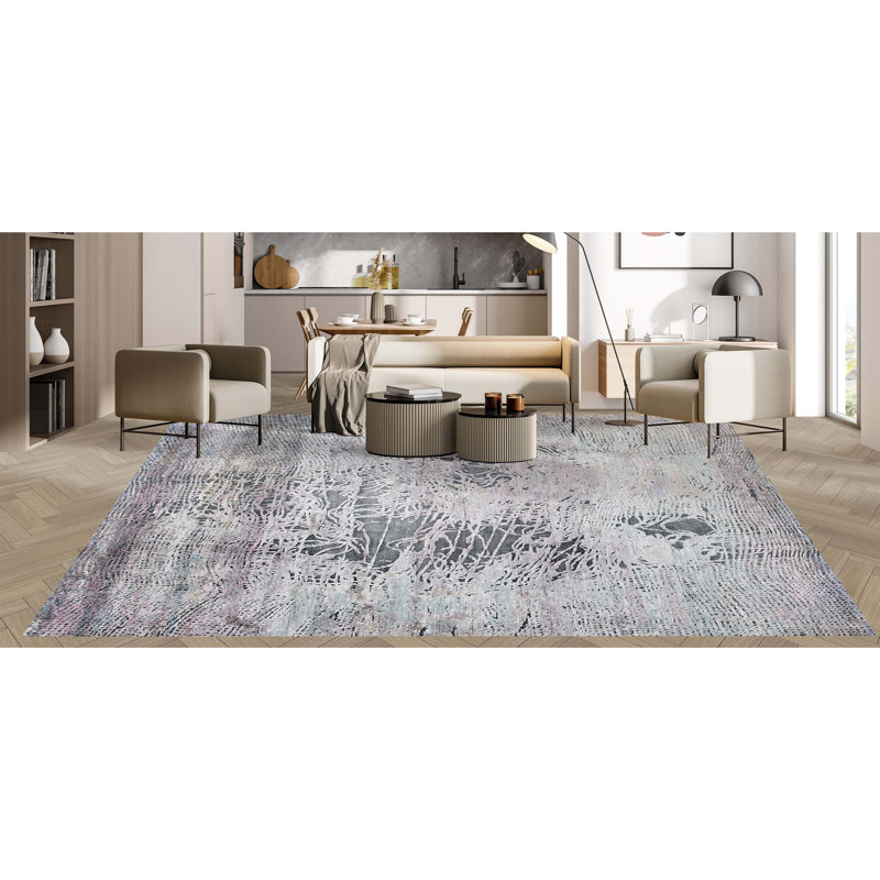 Tapis rectangulaire en laine / viscose noué à la main gris anthracite / rose clair, Rectangle 8 pi x 10 pi