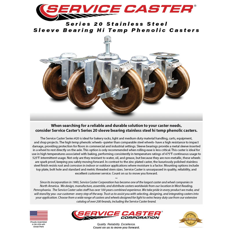 SS High Temp Phenolic Swivel Bolt Hole Caster Set with Total Lock Brake