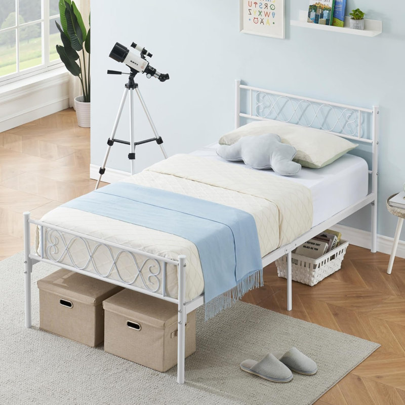 Lit plateforme en métal avec tête et pied de lit Sweet Heart, rangement sous le lit, aucun sommier nécessaire, meubles de chambre pour garçons et filles