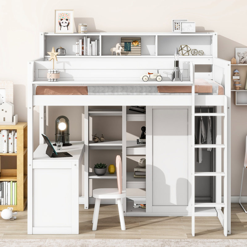 Twin Loft Bed With Measures And Multiple Storage, White Ample Storage Features, White