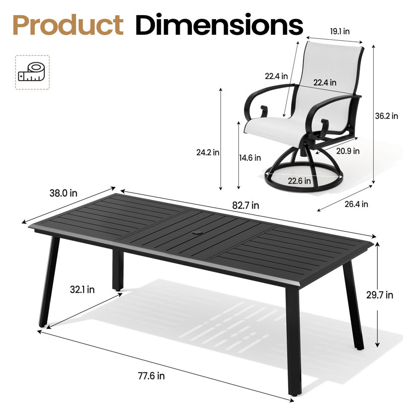 6 - Person Aluminum Outdoot Dining Set with Sunbrella Swivel Armchair , White/Black