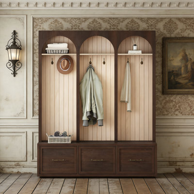 Farmhouse Wooden Arched Foyer Tree - Entrance Bench With 8 Hooks, Suitable For Living Room