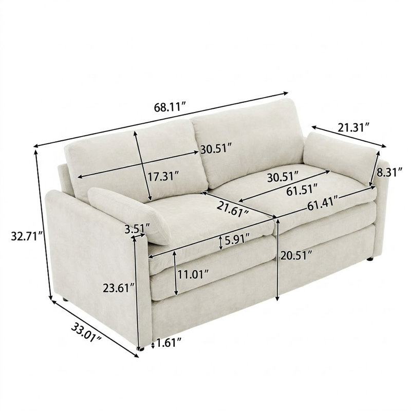 Modern Minimalist Chenille Fabric Upholstered Living Room Sofa Loveseat, Beige, 32.72" H x 68.12" W x 33.03" D