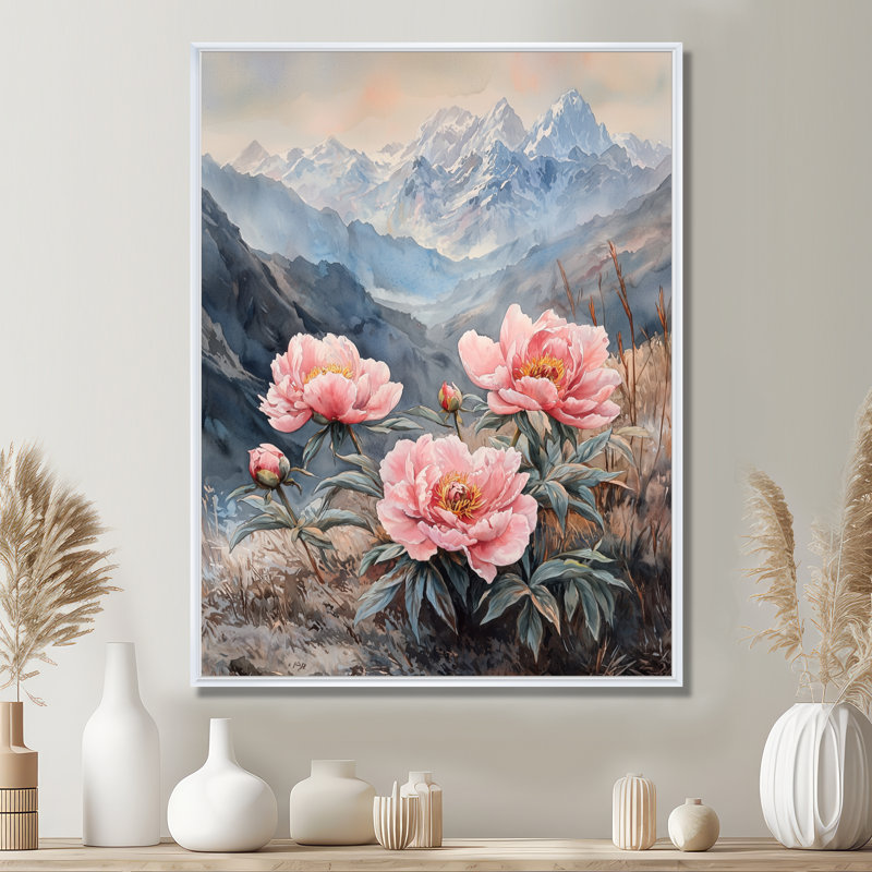 Pivoines dans la vallée balayée par le vent IV - pivoines, art mural, H 20 po x l 12 po, Reproduction avec cadre flottant