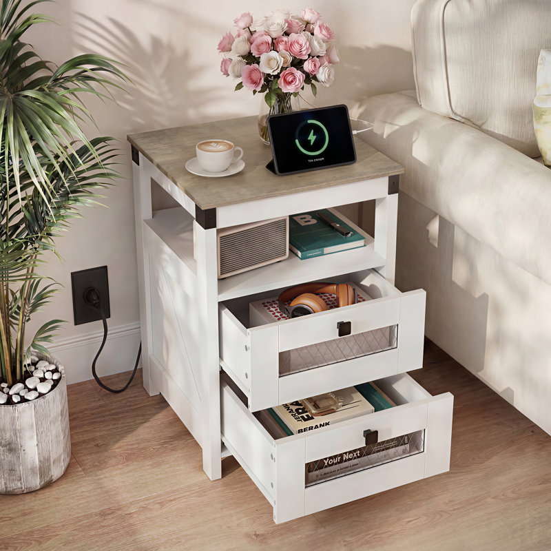 Gracie Oaks Nightstand With Charging, USB & AC Outlets, Rustic Narrow Nightstand With 2 Drawers, Bedside Table With Open Compartment For Living Room, Bedroom