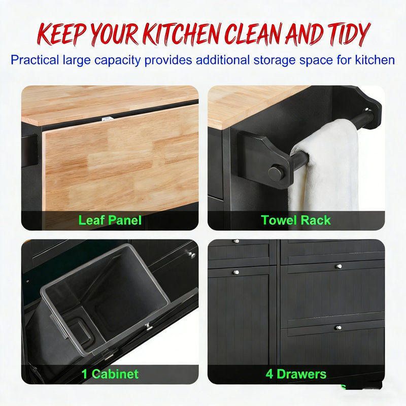 Kitchen Island Cart with Drawer, Trash Cabinet, and Multi-Functional Storage for Modern Cooking Spaces.