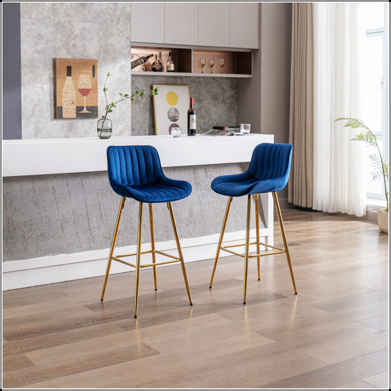 Tabouret de bar en velours avec repose-pieds chromé, ensemble de 2, Bleu, Tabouret de bar (hauteur d'assise de 29,92 po)