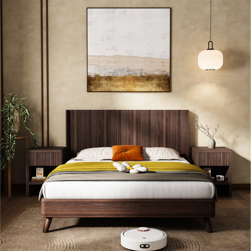 Tête de lit en bois de noyer pour grand lit, conception moderne avec panneau cannelé mural, chambre à coucher 3D A élégante, fabrication solide +, tête de lit à montage facile, panneau à oreilles et détails