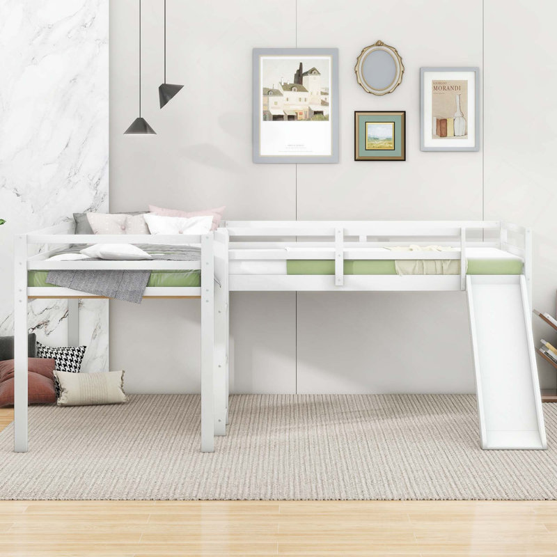 Lit mezzanine en L avec échelle pour faciliter l'escalade et glissade pour s'amuser dans la chambre des enfants, White