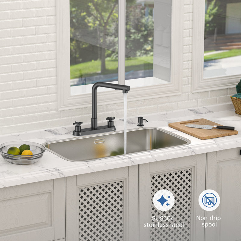 Double Handle Kitchen Faucet With Soap Dispenser, Matte Black