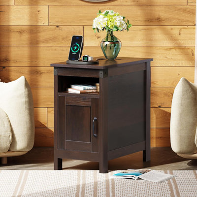 Narrow End Table with Charging Station, Narrow Side Table for Living Room, Small Spaces, Couch, Narrow Night Stand with Storage, USB Ports and Outlets, Espresso