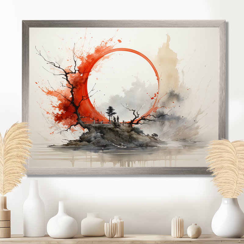 Rouge et gris, art bouddhiste Enso Lumières - art mural bouddhisme, Toile tendue, H 34 po x l 44 po x P 1,5 po