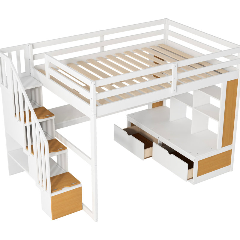 Lit mezzanine double avec bureau, tablettes, rangement - tiroirs blancs de style naturel