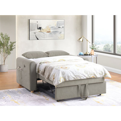 Causeuse-lit en velours côtelé gris large Marielle de 55 pouces avec ports USB, poches pour magazines et coussins