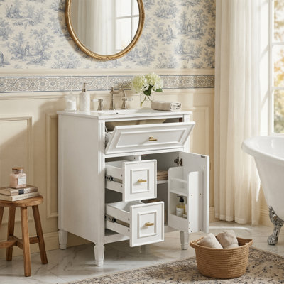 24" Modern Farmhouse Vanity Set, Solid Wood & MDF Cabinet With Gold Handles, Ceramic Top & 3-Drawer Storage