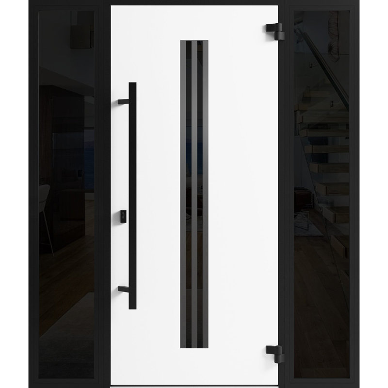 Porte avant en acier pré-suspendue avant / teck Ronex 1055/2 fenêtres latérales extérieures latérales / entrée en métal peint moderne l 12 + 36 + 12 po x H 80 po à gauche