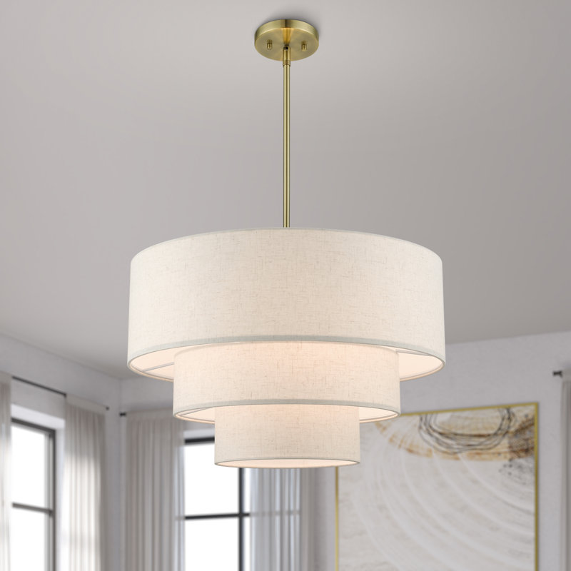 Lustre gradué à hauteur réglable à 4 lumières Bertan, Laiton antique, Beige