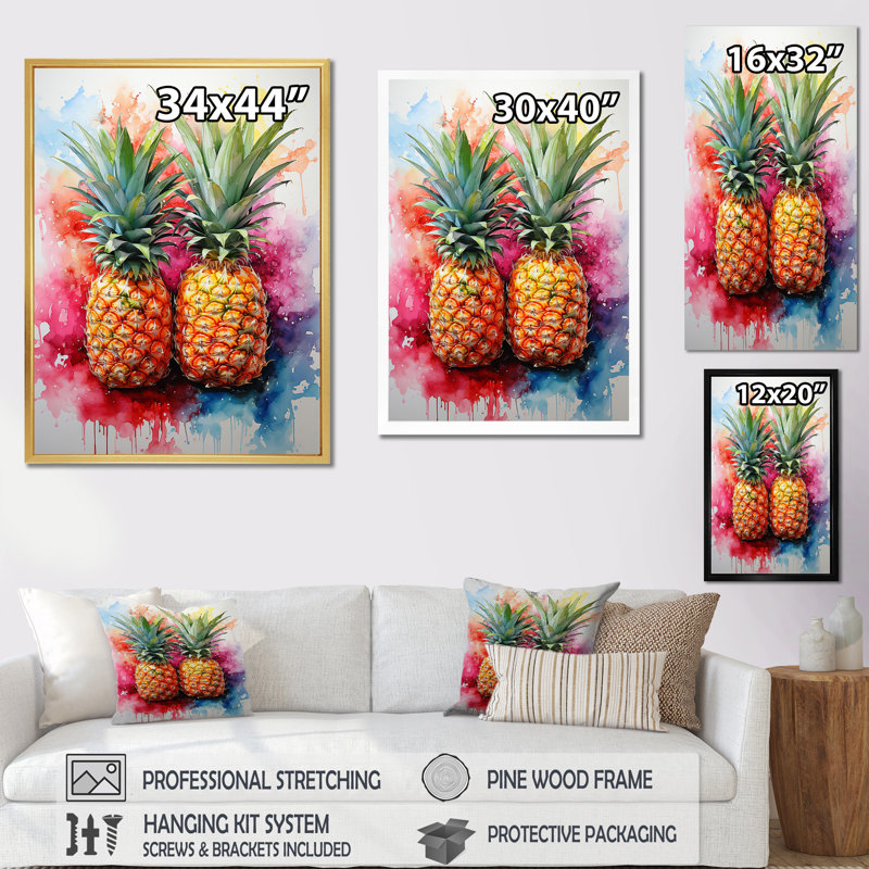 Fusion d'ananas dorés sur toile, Cadre flottant noir, H 32 po x l 16 po x P 1 po