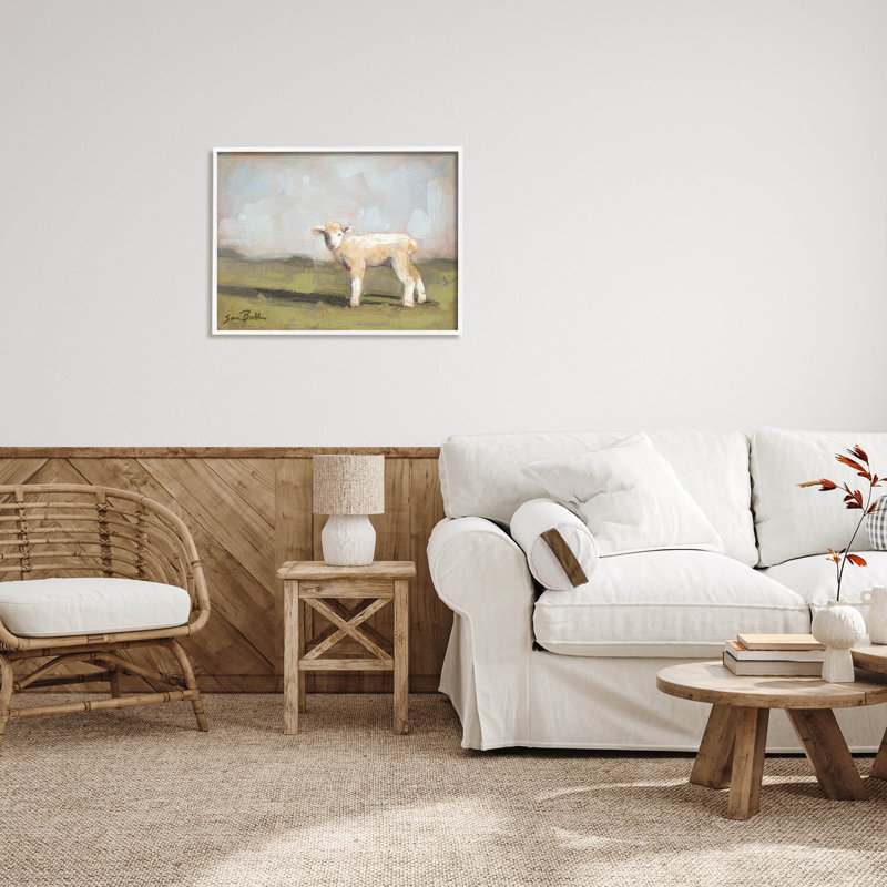 Bébé agneau, art de giclée de terre ferme par Sara Baker, H 24 po x l 30 po x P 1,5 po, Giclée encadrée blanc bord de mer