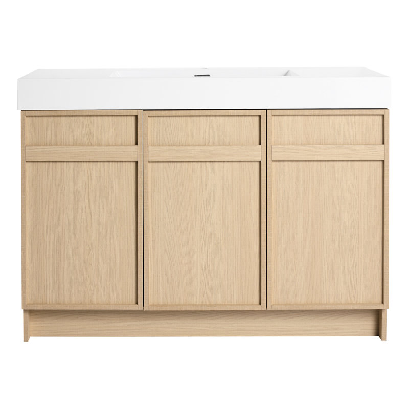 Armoire de salle de bain 48 po avec lavabo en résine blanche et charnières à fermeture en douceur. Meuble-lavabo de style moderne. Matériau en contreplaqué. Rangement suffisant. Tablettes intérieures réglables. Charnière lisse. Style. Capacité de rangement.