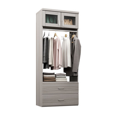 Grey Oak 31.5" Wall-Mounted Closet Section with Glass Doors, 1 Clothing Rod, 1 Shelf & 2 Slab Drawers