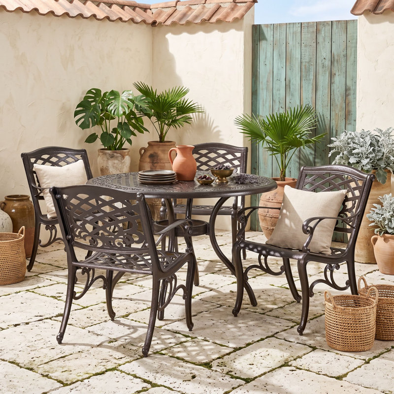 Ensemble de salle à manger d'extérieur 5 pièces avec table ronde, trou pour parasol et 4 chaises, résistant aux intempéries
