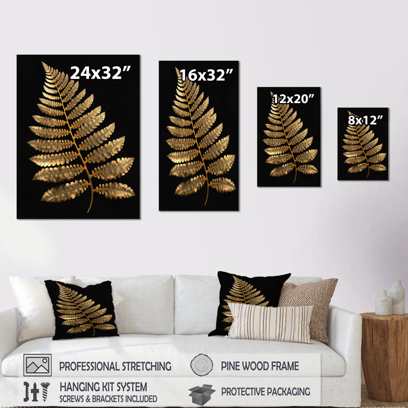 Golden Fern on Black II - reproduction d'art sur toile, H 20 po x l 12 po x P 1 po, Toile tendue