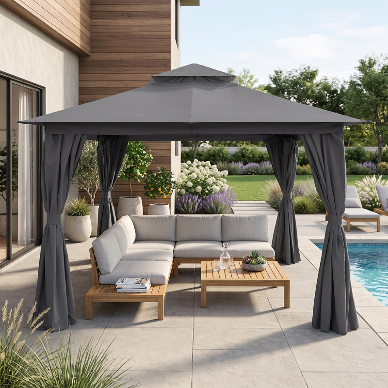 Pavillon de jardin en acier à toit double 12 pi x 12 pi Decksplore, Gris