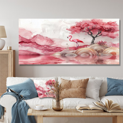 Flamant rose dans un lac en fleurs Tranquility I - art mural flamant rose