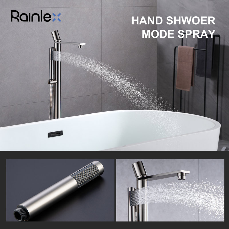 Robinet de baignoire autoportant monocommande à fixation au sol avec douche à main, Nickel brossé