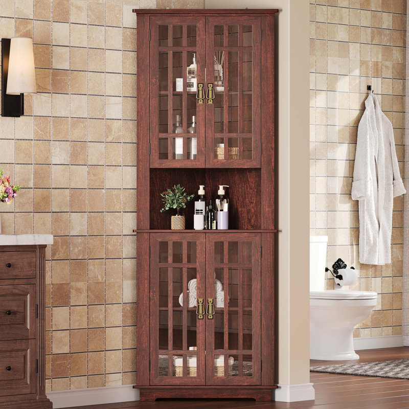Armoire de rangement de 71 po de hauteur avec 4 portes en verre et 5 tablettes, économiseur d'espace pour la salle de bain, le salon, design Mid Century, noyer rouge