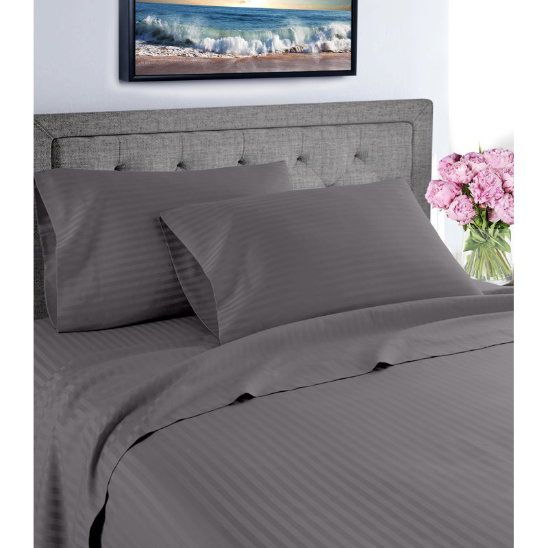 Egyptian Cotton Sateen Striped Sheet Set, Gray, Twin