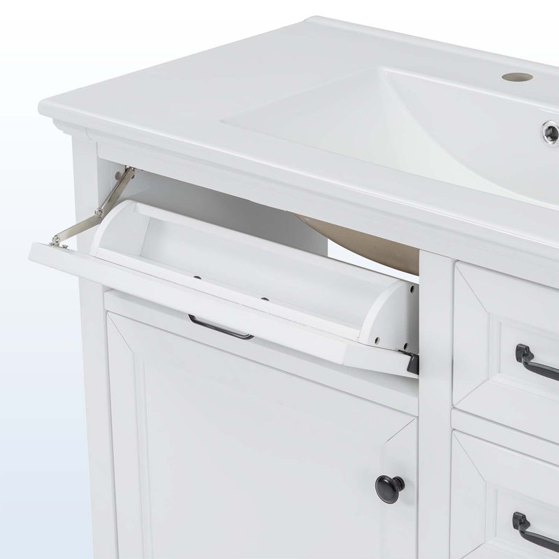 Meuble-lavabo de salle de bain avec lavabo en céramique, 2 tiroirs rabattables, Blanc