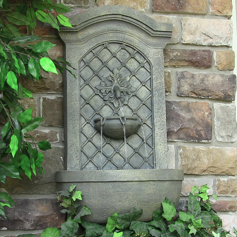 Rosette Leaf Polystone Outdoor Solar Wall Fountain, French Lime Stone