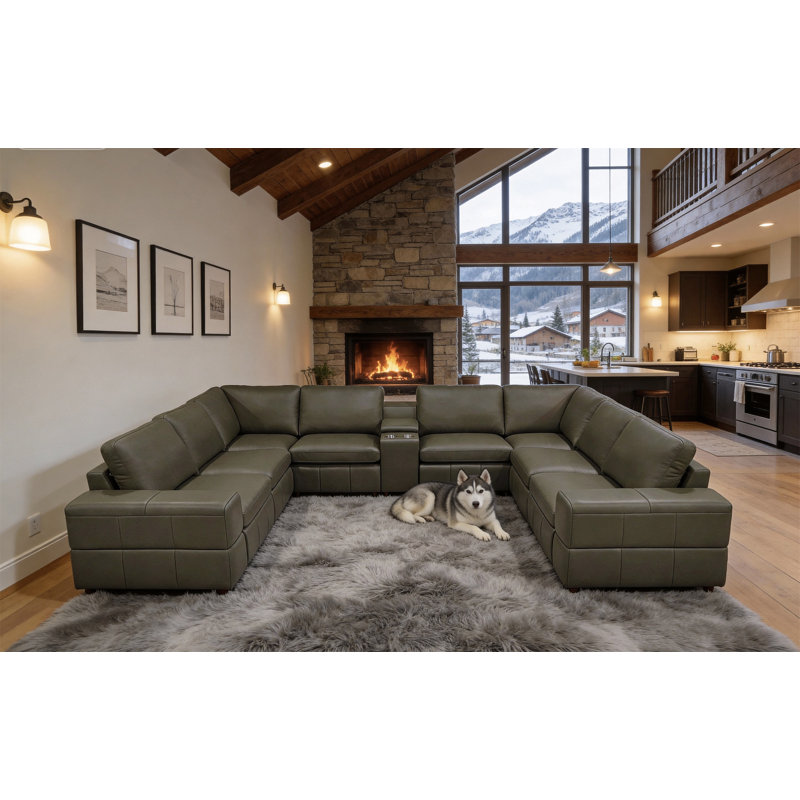 Canapé modulaire en cuir de première qualité avec accoudoirs assortis et deux sièges inclinables, Olive Green
