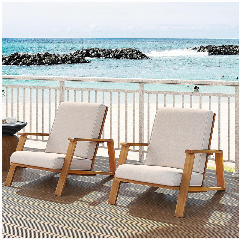Ensemble de 2 chaises longues pour patio, fauteuil club d'extérieur avec coussin beige et structure en bois d'acacia teck