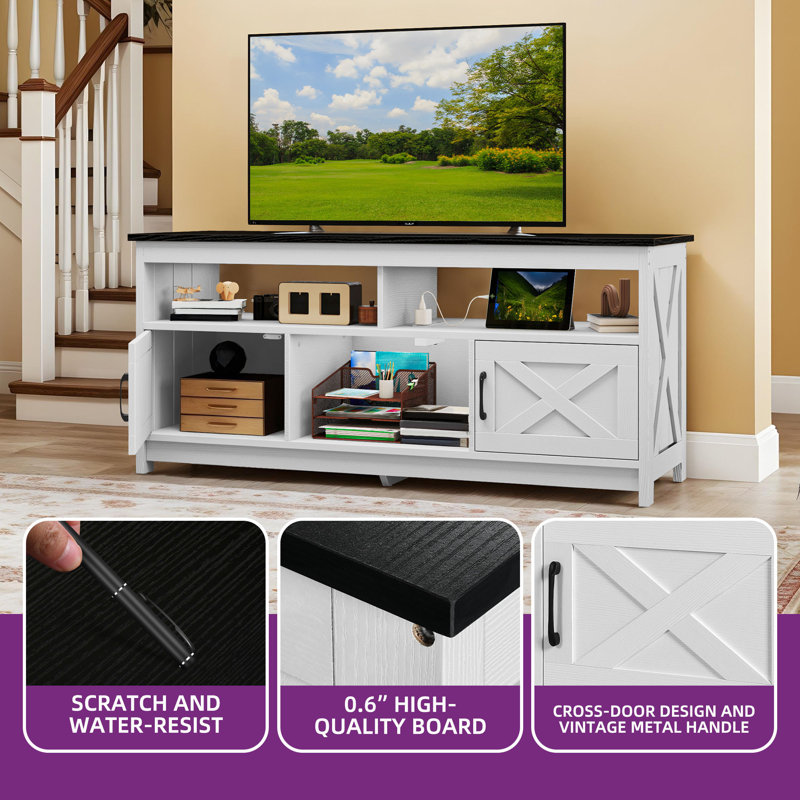 Modern Mid-Century Entertainment Center Media Console Table TV Stand With Power Outlet Storage Cabinets And Open Shelf