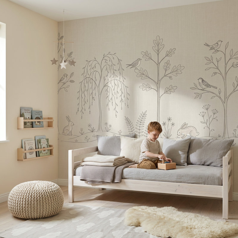 Woodland papier peint forêt paysage ligne art mural amovible, Non tissé, 120 po x 96 po