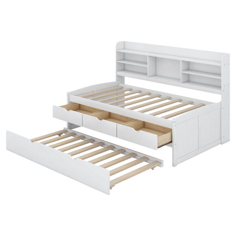 Wooden Captain Bed With Built-In Bookshelves, Drawers And Trundle