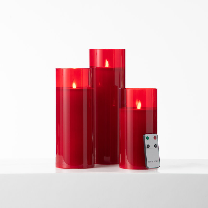 Grandes bougies à DEL en verre rouge sans flamme avec télécommande - ensemble de 3