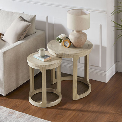 (1 Coffee table+1 Side Table)Large Curved 2 Tier Traditional Round Circle Wooden Center Coffee Table Set