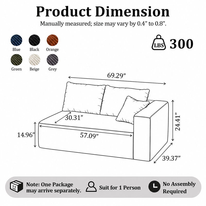 69.29" Modular Compression Loveseat with Armrest, Upholstered Flannel 2 Seater Sectional Component with 3 Pillows, "Boneless" Cloud Sofa in a Box for Living Room Small Spaces Black