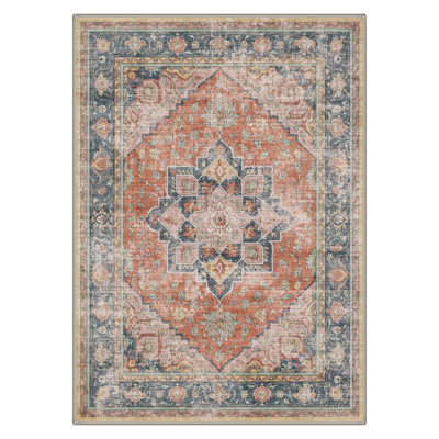 Advay Vintage Distressed Oriental Medallion Machine Washable Orange / Blue Indoor Area Rug with Non-Slip Backing