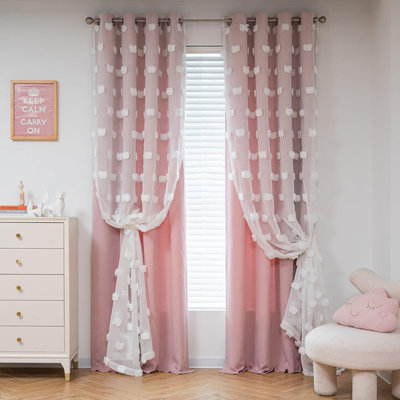 Rideaux roses pour le salon 84 pouces Long Pom Pom Rideaux transparents pour chambre de bébé