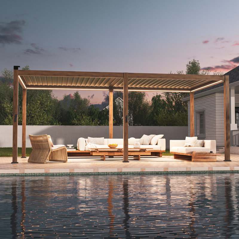 Aluminum Pergola with Solar Paneled LED Strings with Adjustable Louvered Roof, Wood Grain, 20' W x 12' D