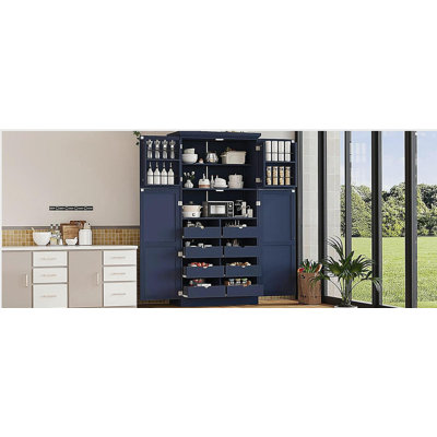 [Assembly Video Provided] TOPMAX 35.5x17.6x70.9inch Freestanding Kitchen Pantry Cabinet, Tall Storage Cabinet with 4 Doors, 2 Door Shelves, 8 Pull-out Trays and Adjustable Shelf for Dining Room, Blue