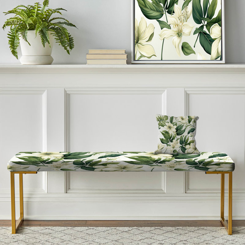 Plants Upholstered Gold Bench, Vintage Jungle