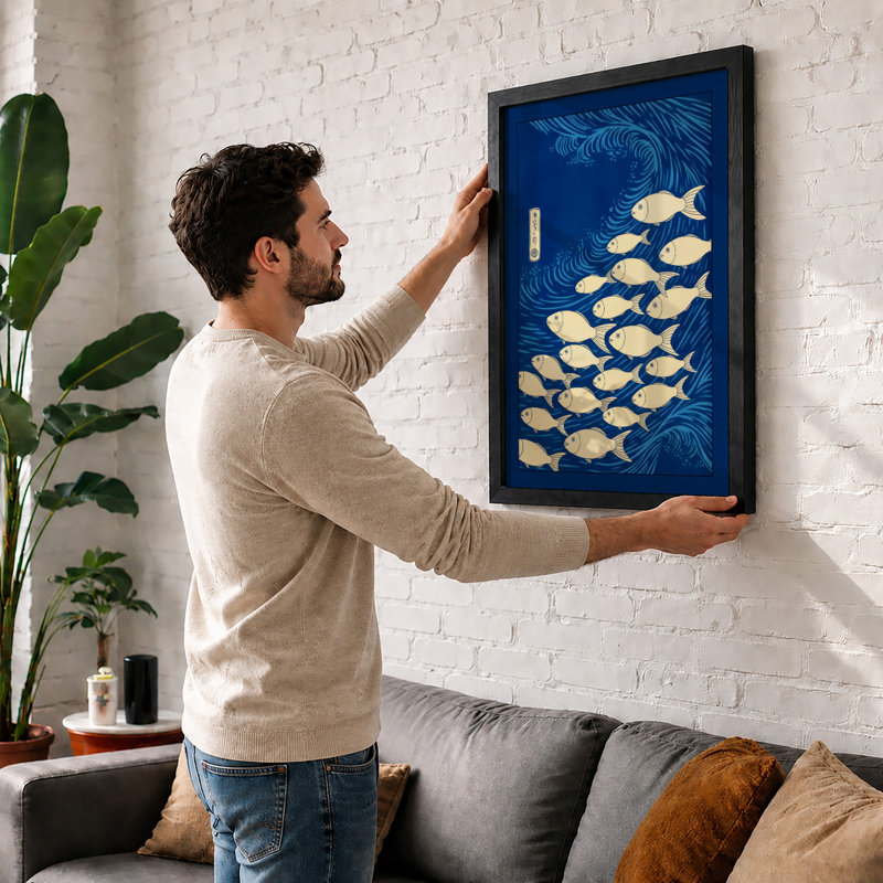 School of Swimming Fish Coastal - Framed Print, A1 - 84.1 x 59.4 cm, Walnut